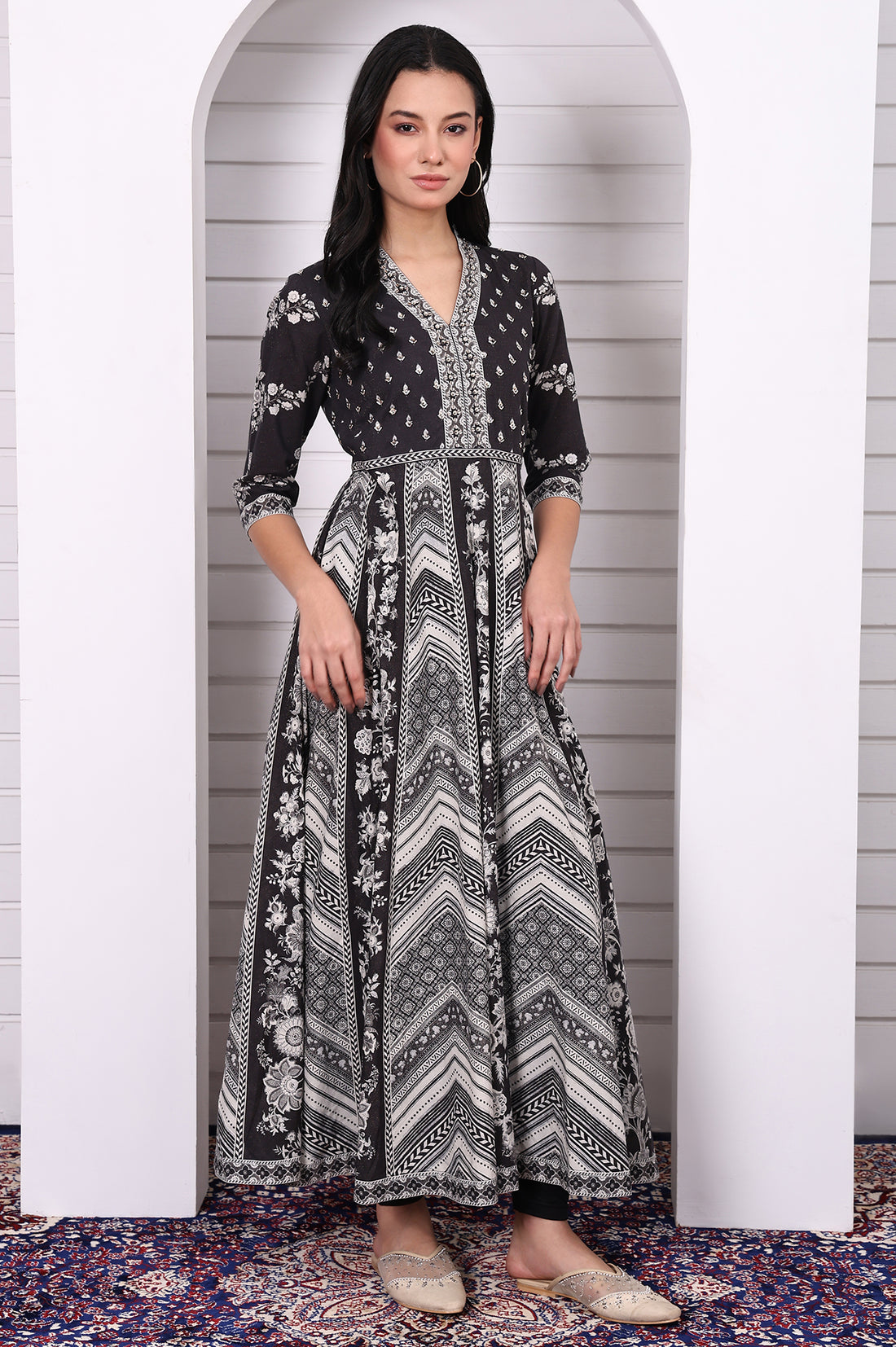 Black Abstract Printed Hand Work Flared Kurta, Leggings and Dupatta Set