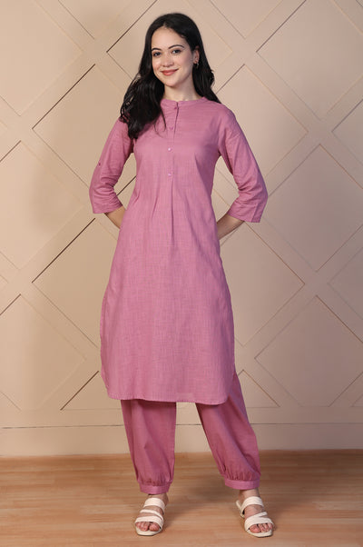 Pink Solid Textured Cotton Straight Kurta and Salwar Co-ord Set
