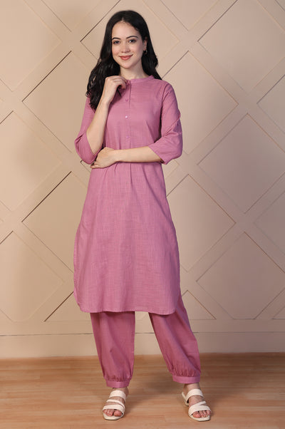 Pink Solid Textured Cotton Straight Kurta and Salwar Co-ord Set