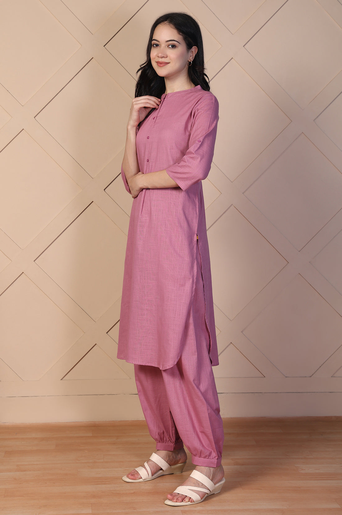 Pink Solid Textured Cotton Straight Kurta and Salwar Co-ord Set