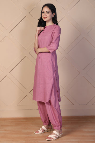 Pink Solid Textured Cotton Straight Kurta and Salwar Co-ord Set