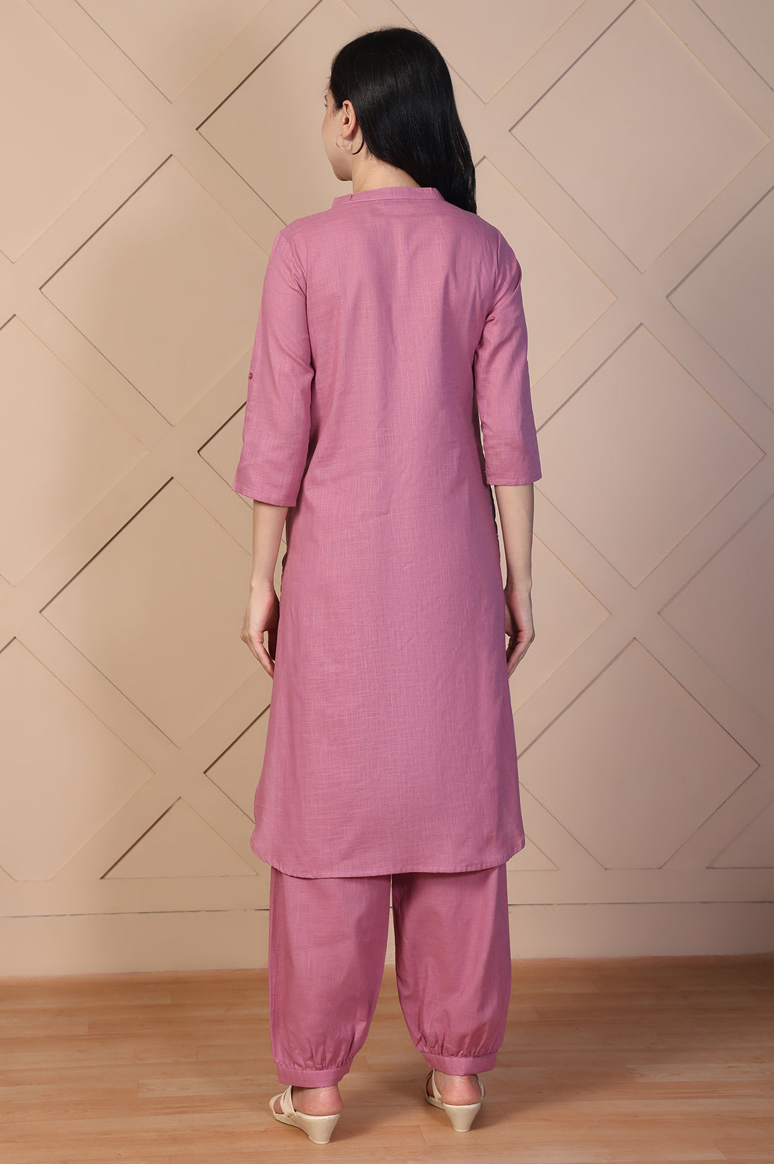 Pink Solid Textured Cotton Straight Kurta and Salwar Co-ord Set