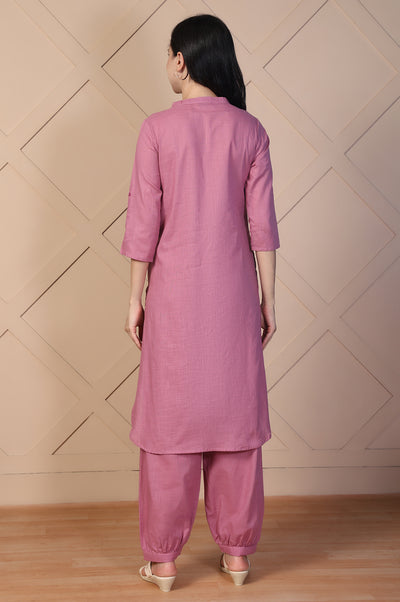 Pink Solid Textured Cotton Straight Kurta and Salwar Co-ord Set