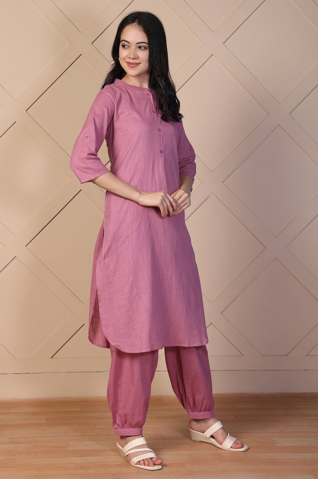 Pink Solid Textured Cotton Straight Kurta and Salwar Co-ord Set