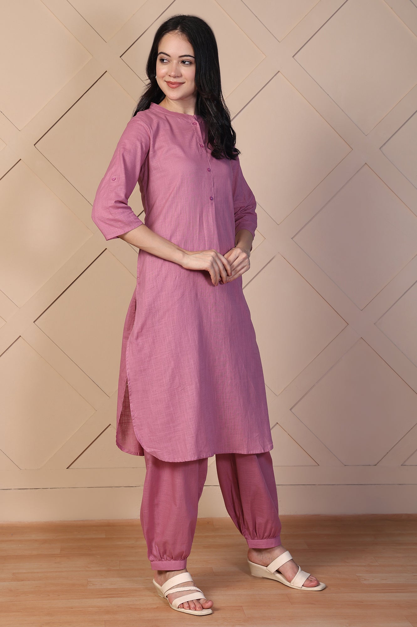 Pink Solid Textured Cotton Straight Kurta and Salwar Co-ord Set