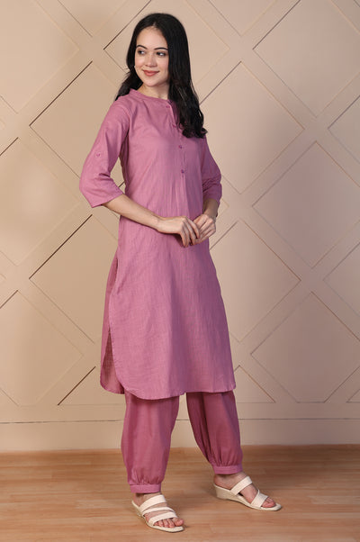 Pink Solid Textured Cotton Straight Kurta and Salwar Co-ord Set