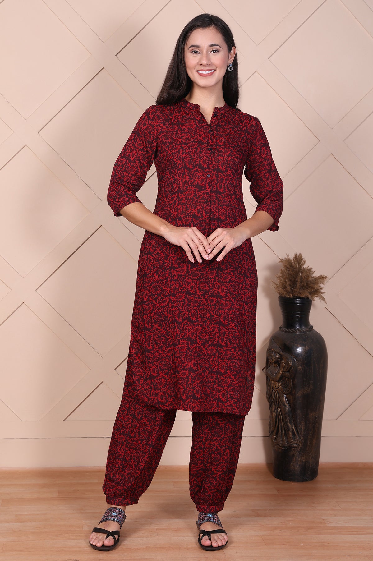 Red Floral Printed Modal Straight Kurta and Salwar Set - XS