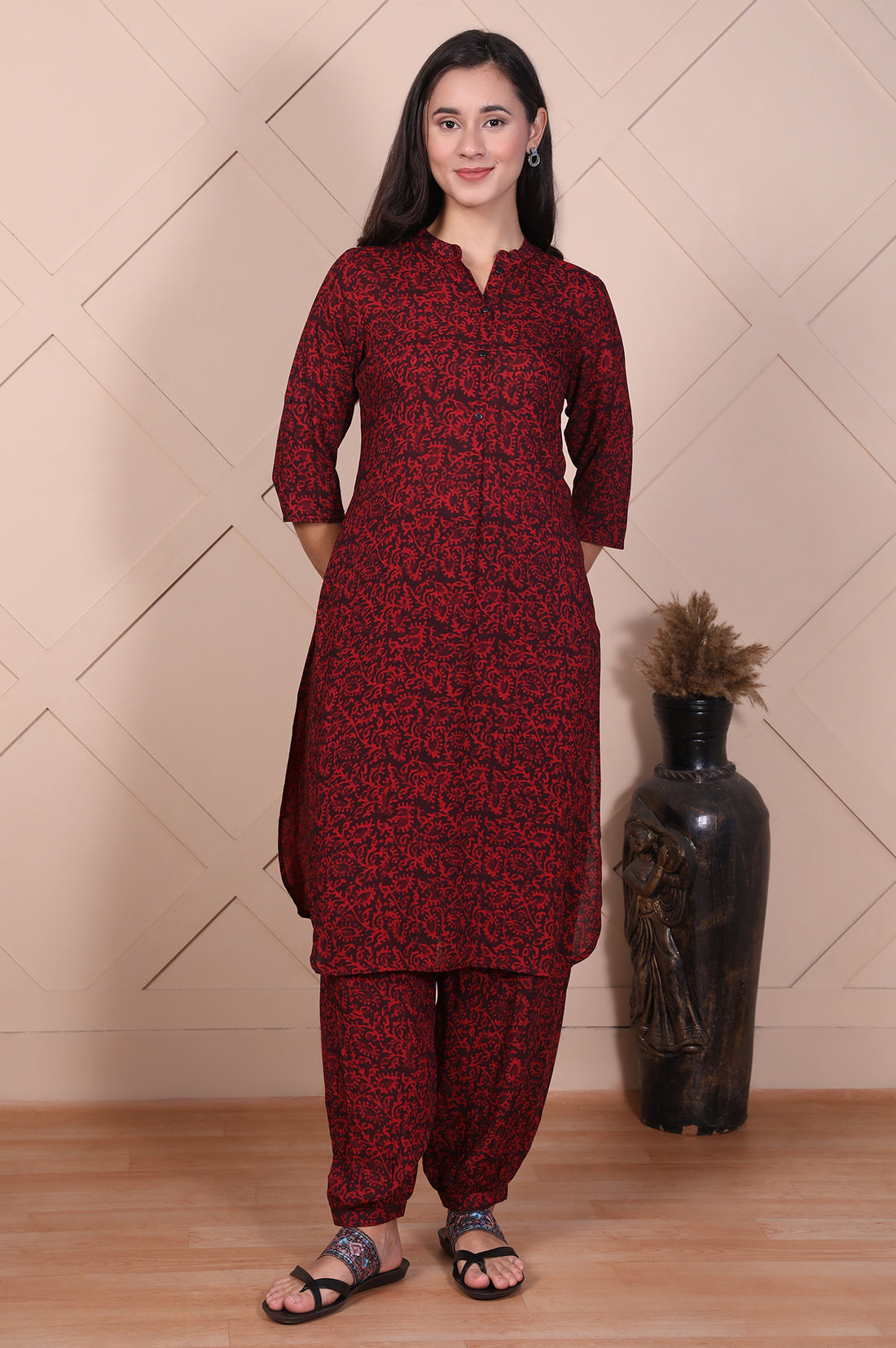Red Floral Printed Modal Straight Kurta and Salwar Set