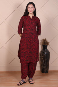 Red Floral Printed Modal Straight Kurta and Salwar Set