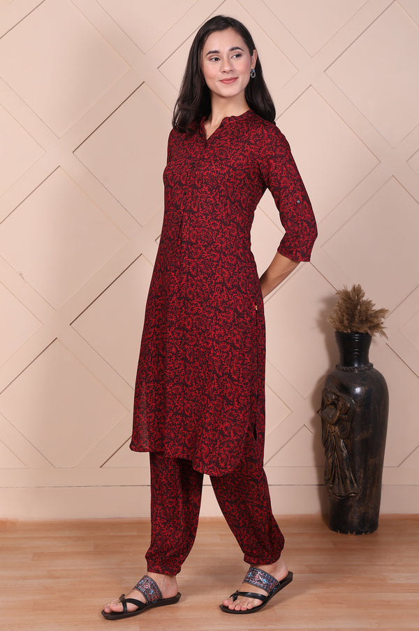 Red Floral Printed Modal Straight Kurta and Salwar Set