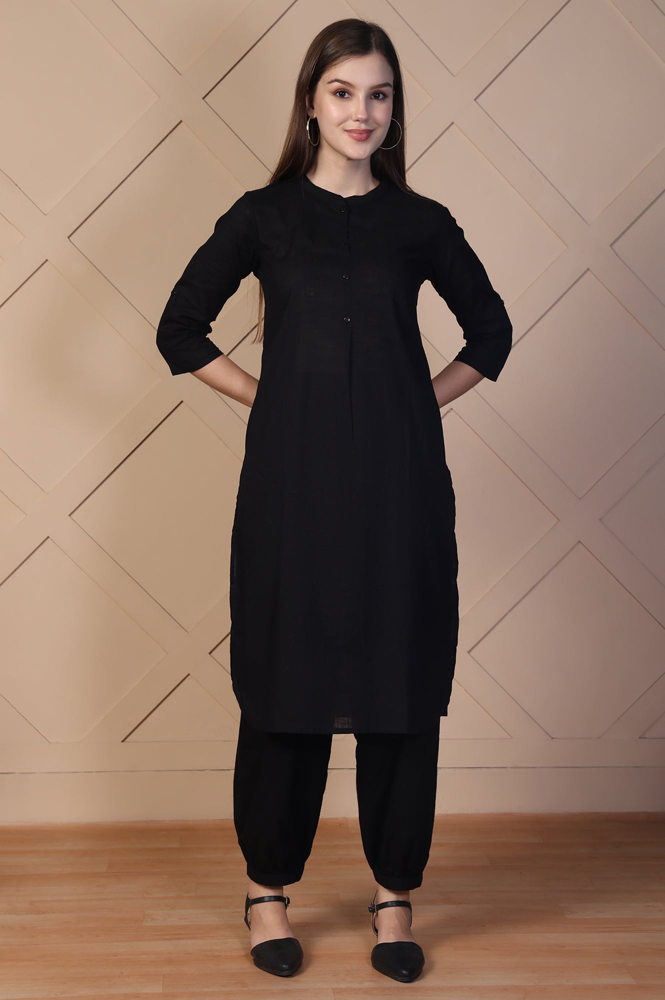 Black Solid Textured Cotton Straight Kurta and Salwar Co-ord Set