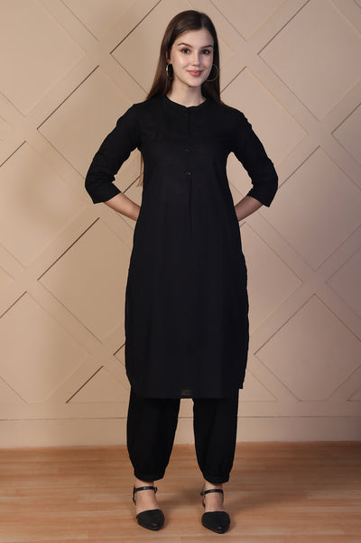 Black Solid Textured Cotton Straight Kurta and Salwar Co-ord Set