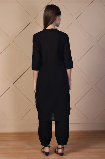 Black Solid Textured Cotton Straight Kurta and Salwar Co-ord Set
