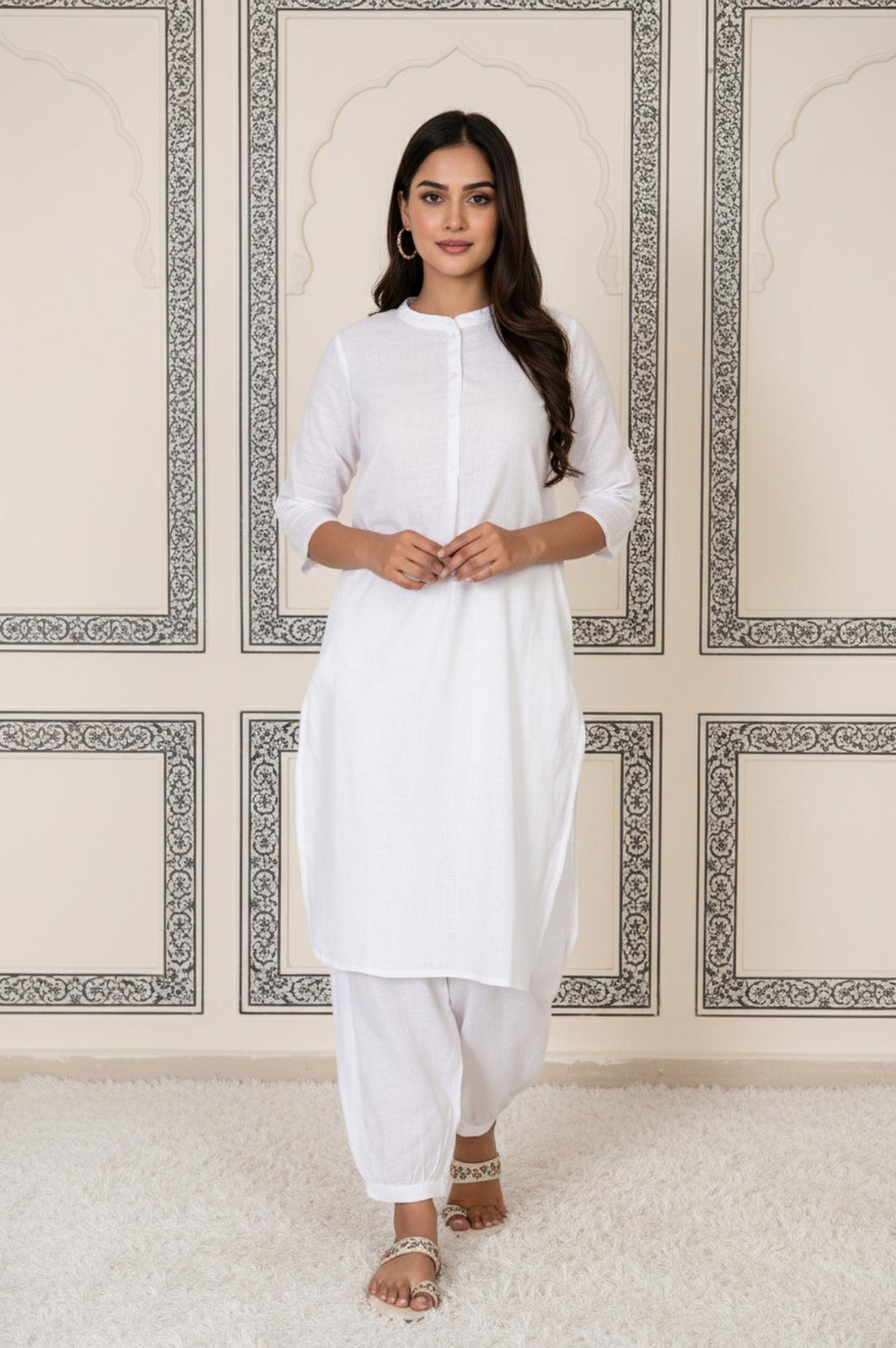 White Solid Straight Cotton Kurta with Salwar Set