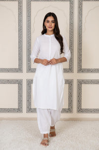 White Solid Straight Cotton Kurta with Salwar Set
