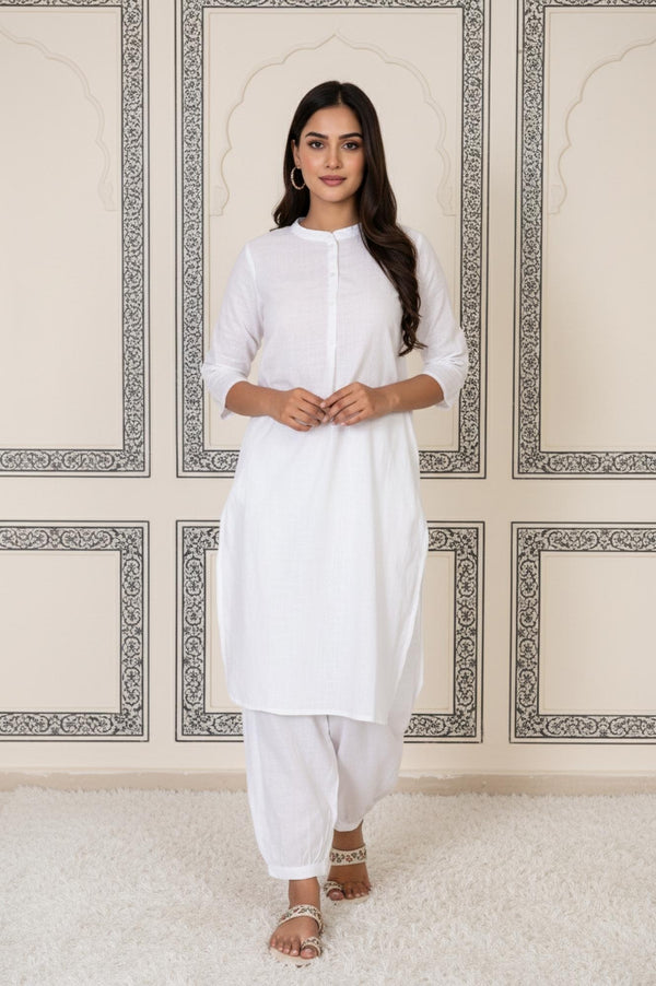 White Solid Straight Cotton Kurta with Salwar Set