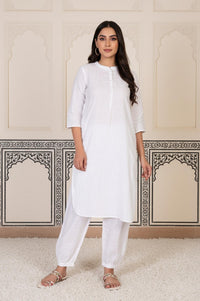White Solid Straight Cotton Kurta with Salwar Set