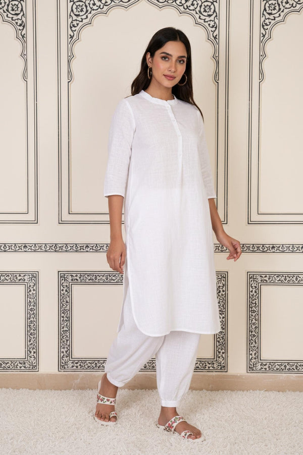 White Solid Straight Cotton Kurta with Salwar Set