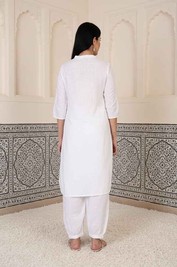 White Solid Straight Cotton Kurta with Salwar Set