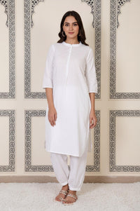 White Solid Straight Cotton Kurta with Salwar Set