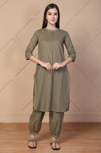 Olive Solid Textured Cotton Straight Kurta and Salwar Co-ord Set