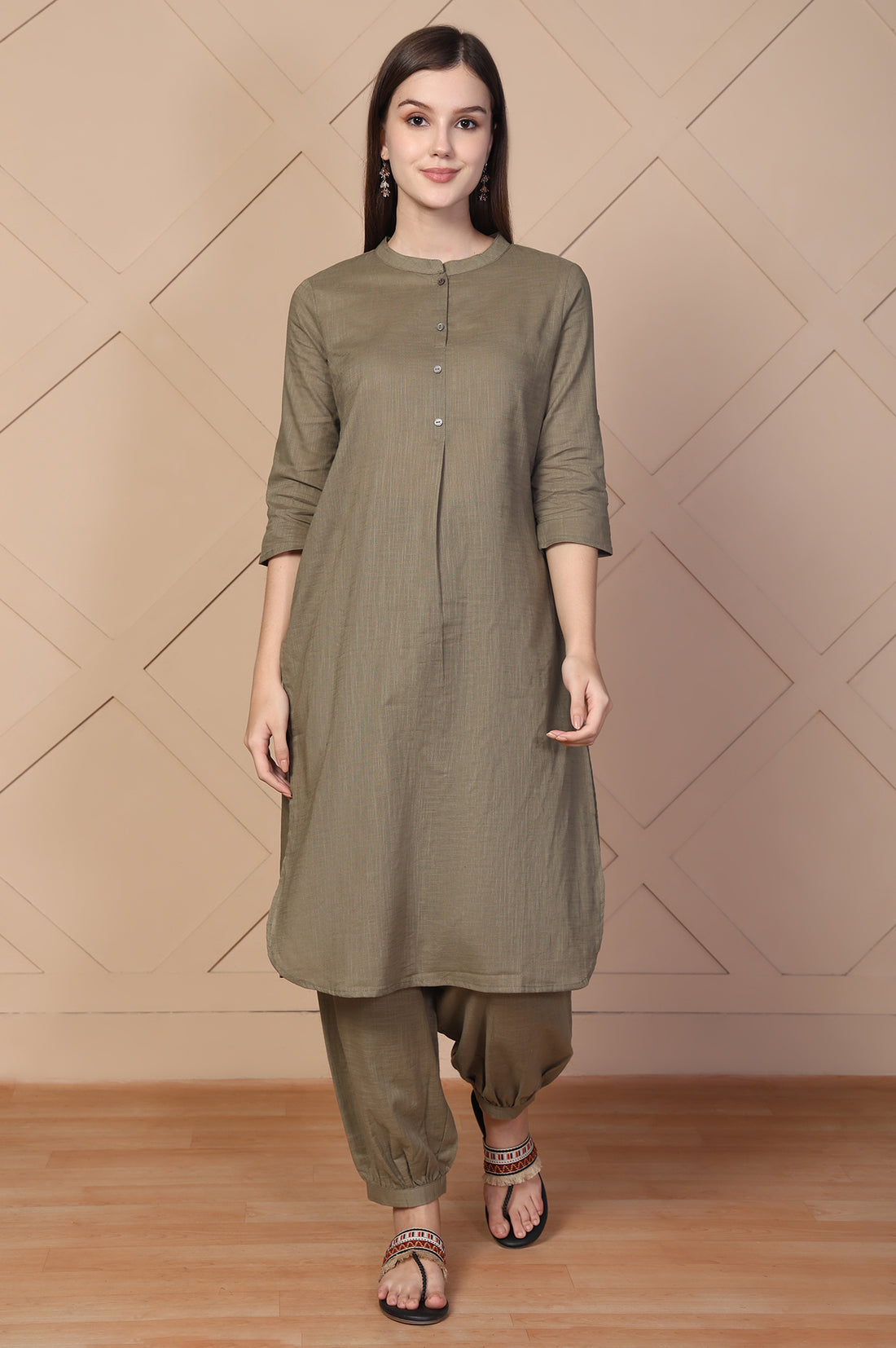 Olive Solid Textured Cotton Straight Kurta and Salwar Co-ord Set