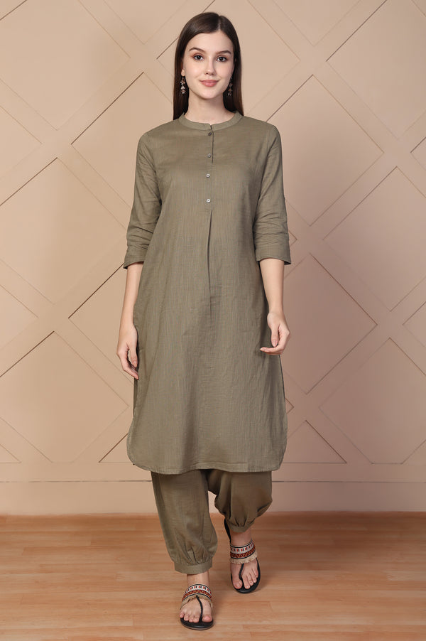 Olive Solid Textured Cotton Straight Kurta and Salwar Co-ord Set