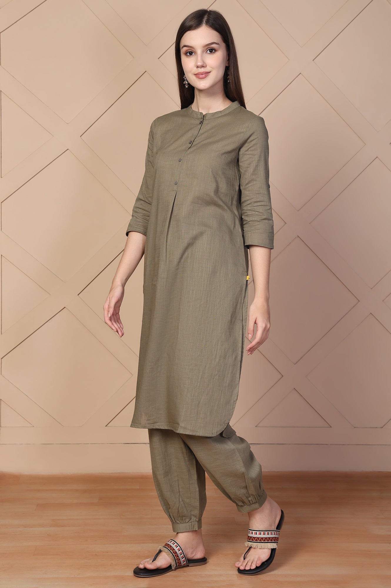 Olive Solid Textured Cotton Straight Kurta and Salwar Co-ord Set
