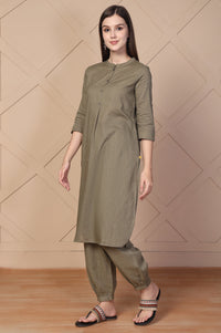 Olive Solid Textured Cotton Straight Kurta and Salwar Co-ord Set