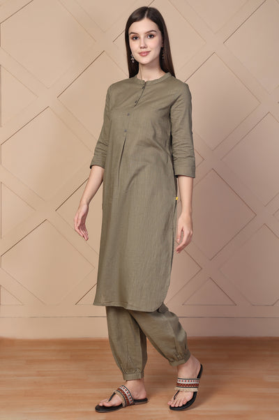 Olive Solid Textured Cotton Straight Kurta and Salwar Co-ord Set