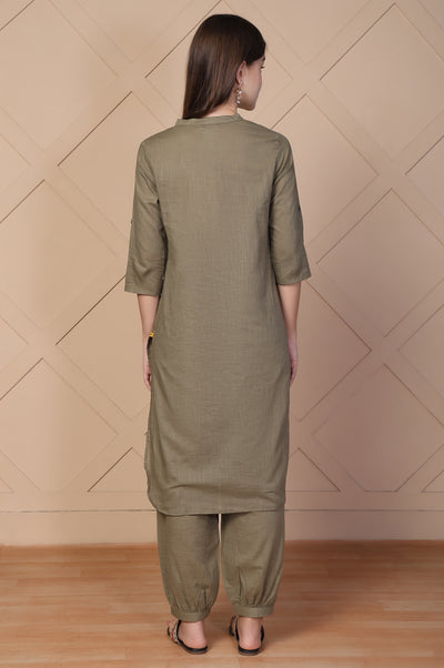 Olive Solid Textured Cotton Straight Kurta and Salwar Co-ord Set