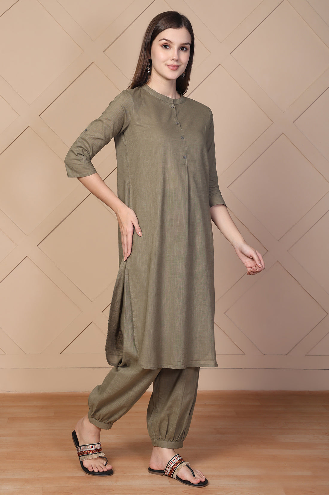 Olive Solid Textured Cotton Straight Kurta and Salwar Co-ord Set