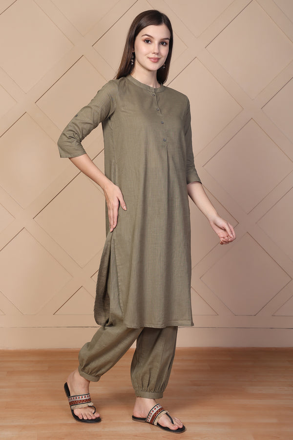 Olive Solid Textured Cotton Straight Kurta and Salwar Co-ord Set
