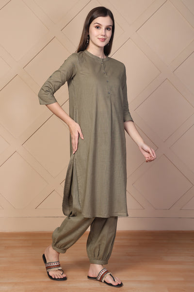 Olive Solid Textured Cotton Straight Kurta and Salwar Co-ord Set