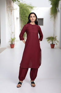 Maroon Solid Thread Work Straight Cotton Kurta with Salwar