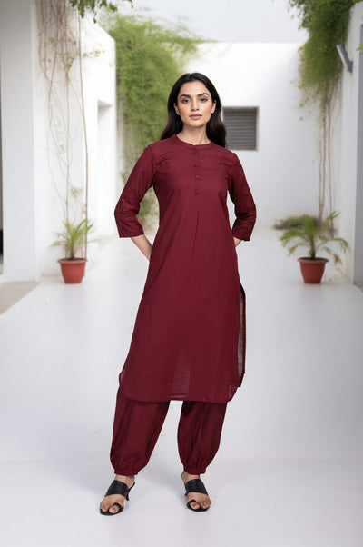 Maroon Solid Thread Work Straight Cotton Kurta with Salwar