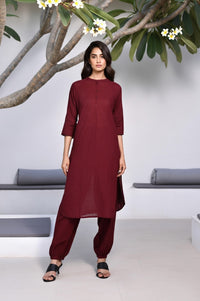 Maroon Solid Thread Work Straight Cotton Kurta with Salwar