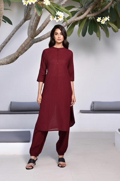 Maroon Solid Thread Work Straight Cotton Kurta with Salwar