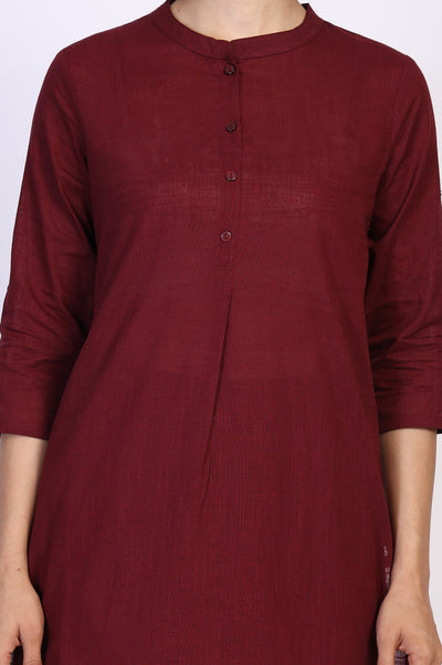 Maroon Solid Thread Work Straight Cotton Kurta with Salwar