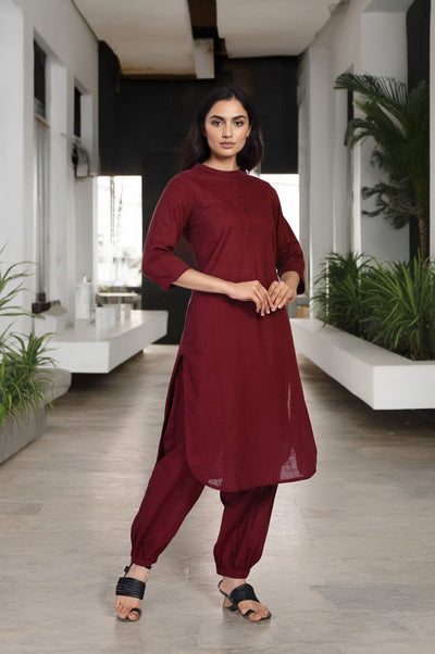 Maroon Solid Thread Work Straight Cotton Kurta with Salwar