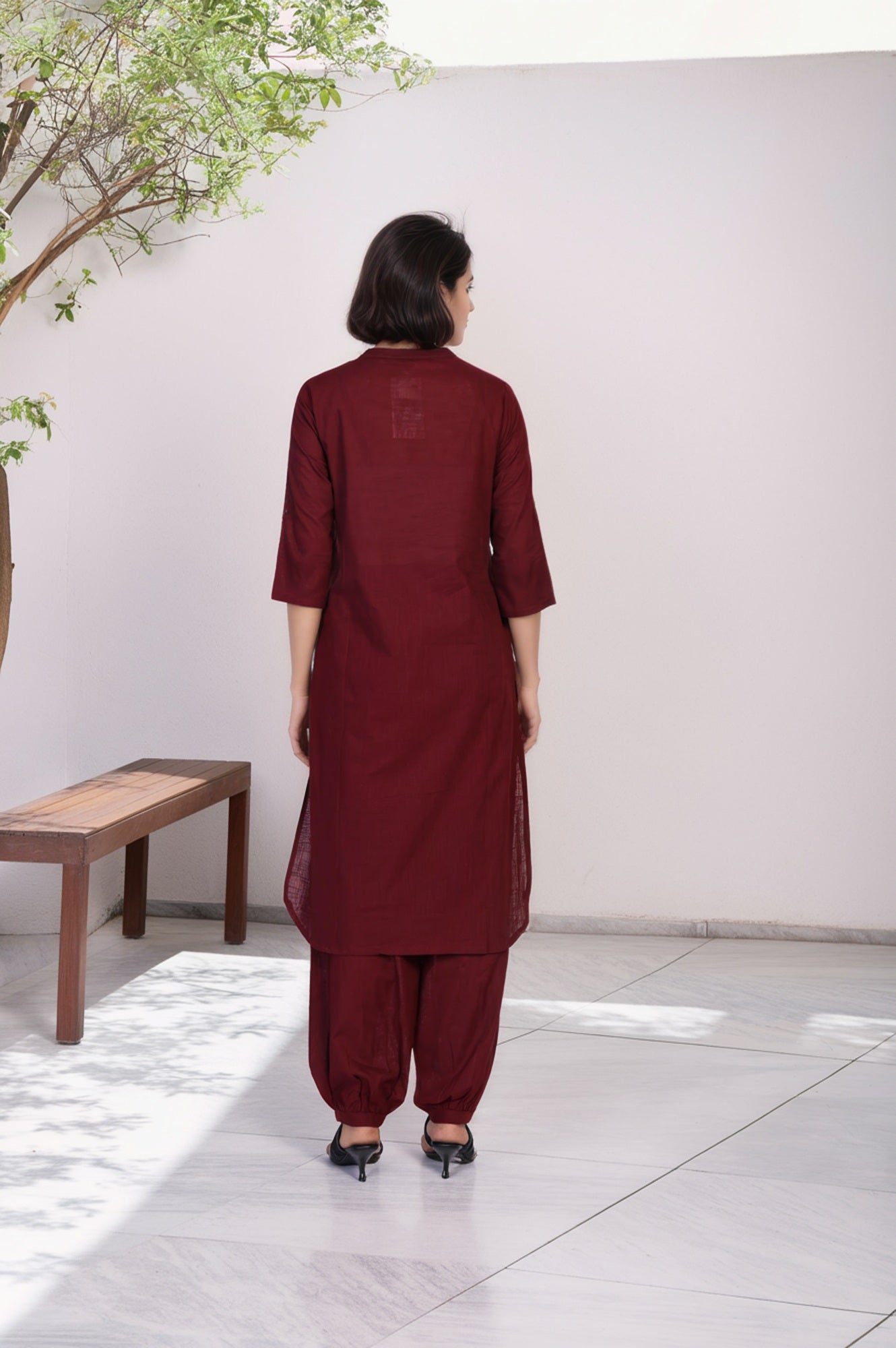Maroon Solid Thread Work Straight Cotton Kurta with Salwar