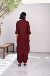 Maroon Solid Thread Work Straight Cotton Kurta with Salwar