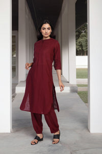 Maroon Solid Thread Work Straight Cotton Kurta with Salwar