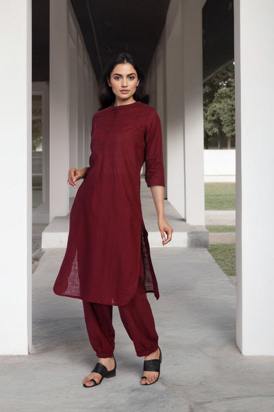 Maroon Solid Thread Work Straight Cotton Kurta with Salwar