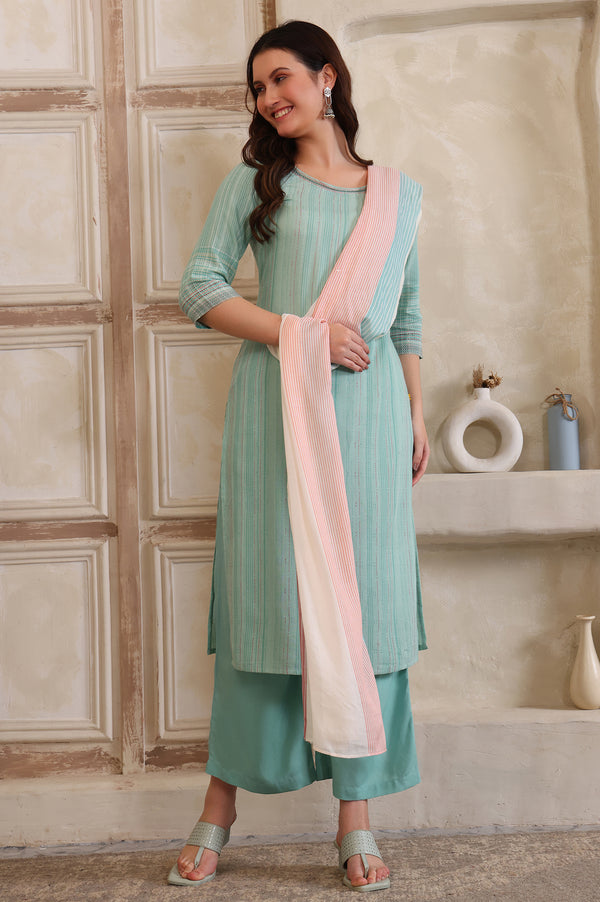Sea Green Striped Lace Embellished Straight Cotton Blend Kurta, Palazzo and Dupatta Set