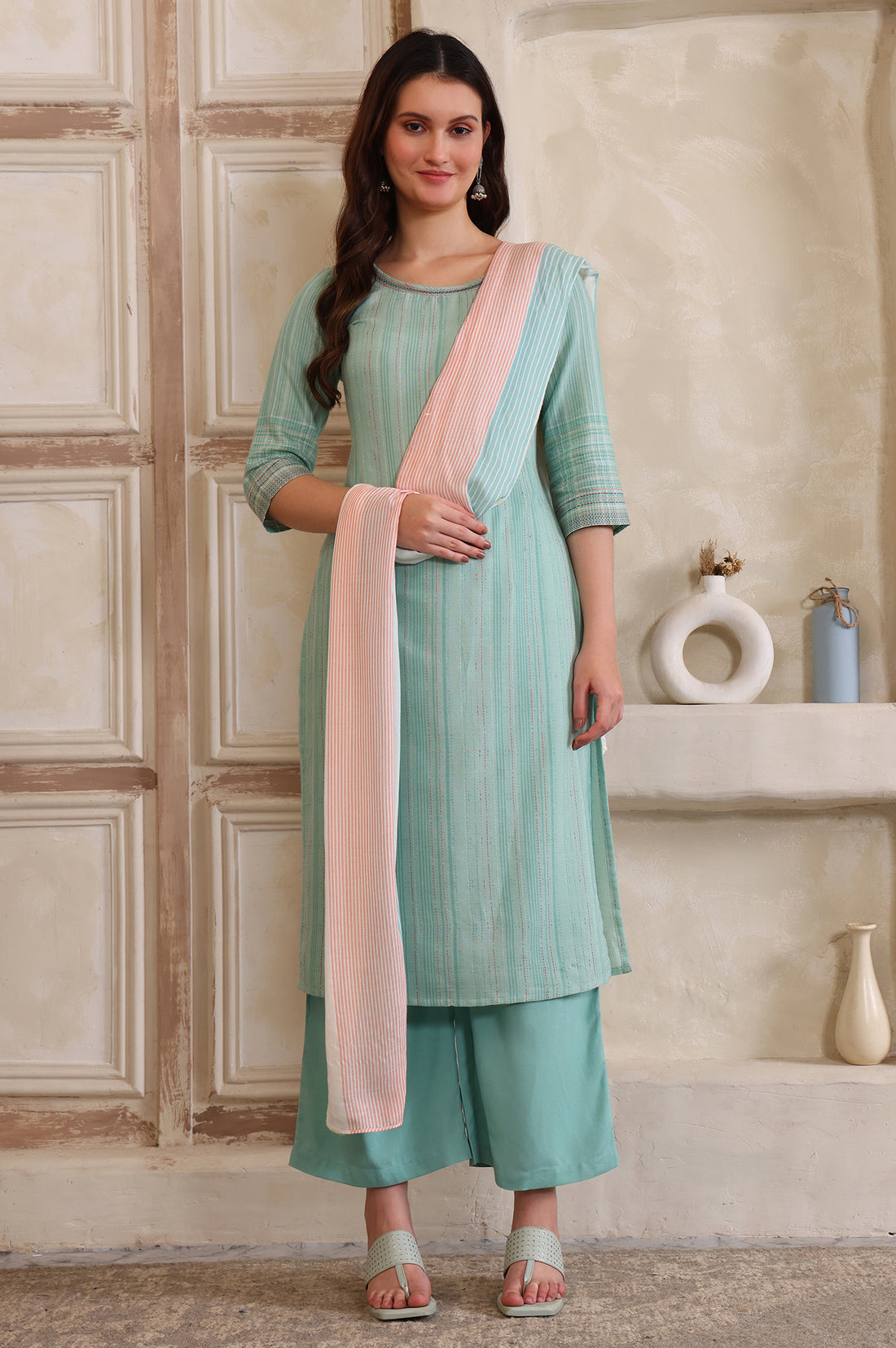 Sea Green Striped Lace Embellished Straight Cotton Blend Kurta, Palazzo and Dupatta Set