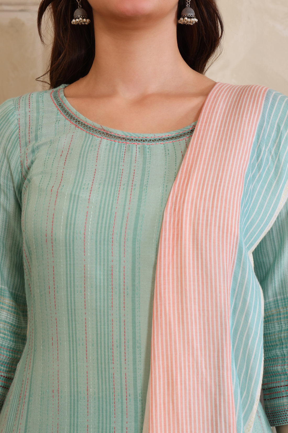 Sea Green Striped Lace Embellished Straight Cotton Blend Kurta, Palazzo and Dupatta Set