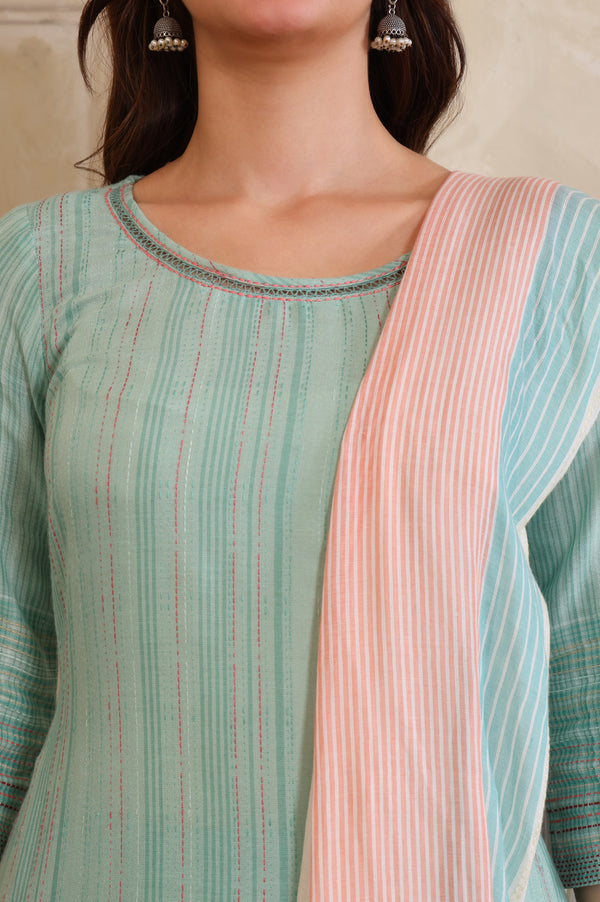 Sea Green Striped Lace Embellished Straight Cotton Blend Kurta, Palazzo and Dupatta Set