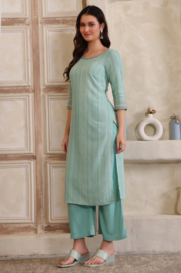 Sea Green Striped Lace Embellished Straight Cotton Blend Kurta, Palazzo and Dupatta Set