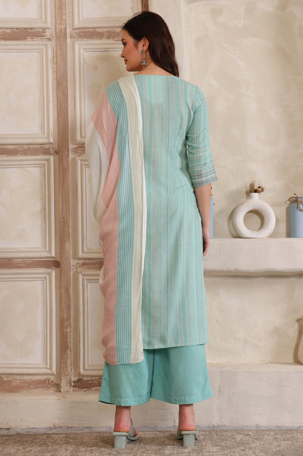 Sea Green Striped Lace Embellished Straight Cotton Blend Kurta, Palazzo and Dupatta Set
